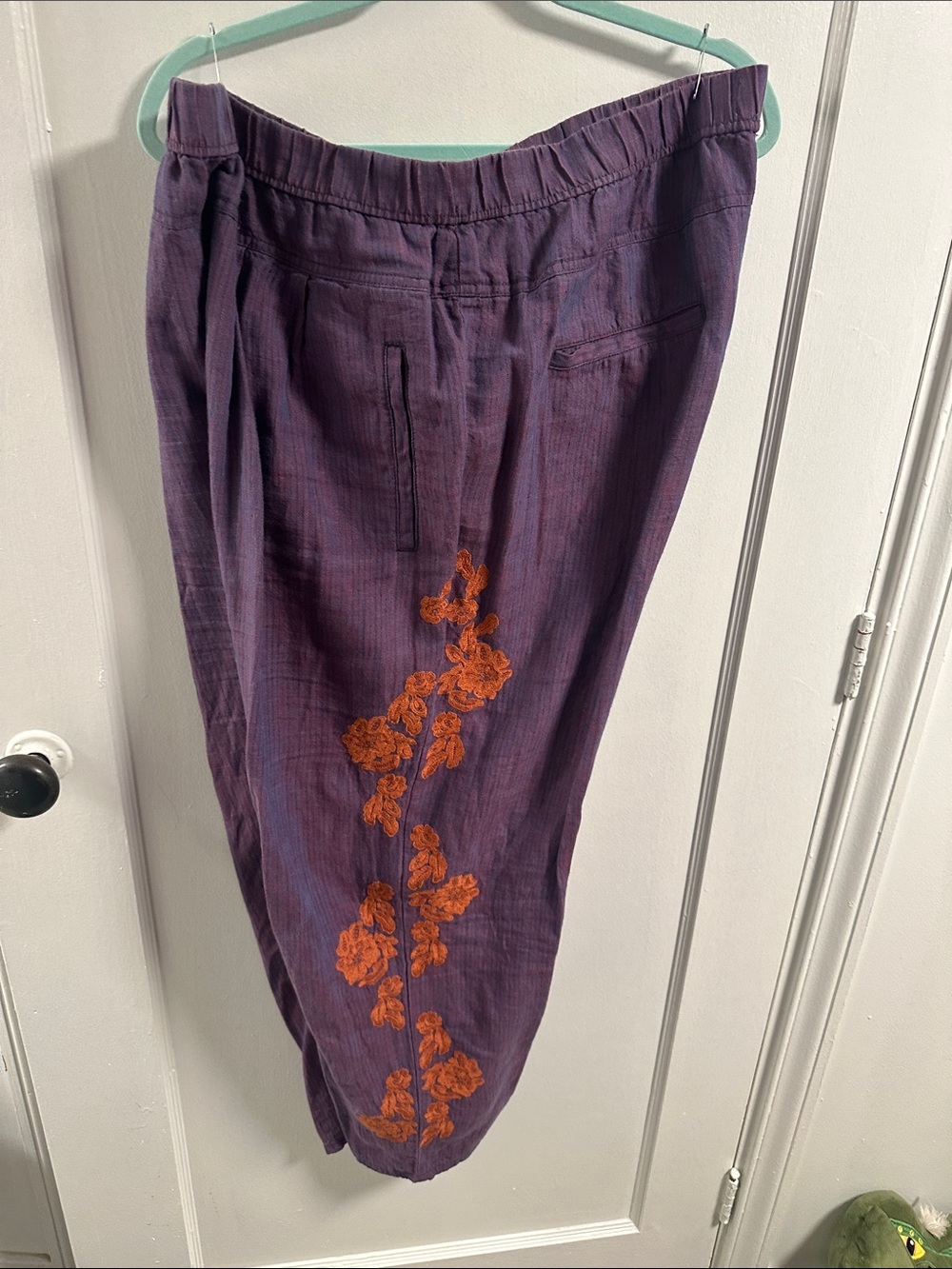 Anthropologie Purple Wide-Leg Pants with Orange Floral Embroidery